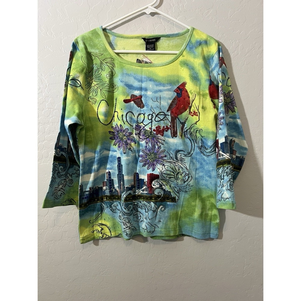 Raakhee Women Tshirt Size XL Chicago Bird print Cotton 3/4 Sleeves sequin Glam